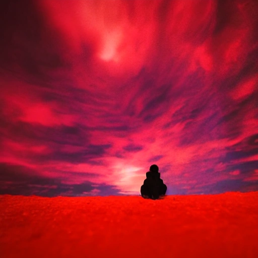 A lonely person watching red color sky from the bottom of the void, high quality, photorealistic, dark, high contast, Trippy