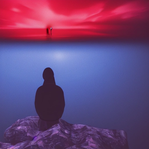 A lonely person watching red color sky from the bottom of the void, high quality, photorealistic, dark, high contast, Trippy