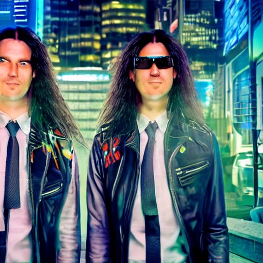 two twin brothers rockers filmmakers with long hair with video camera arri alexa, cyberpunk city, wired, multicolored, vibrant high contrast, hyperrealistic, photografic, 8k, epic ambient light, octane render, 3D