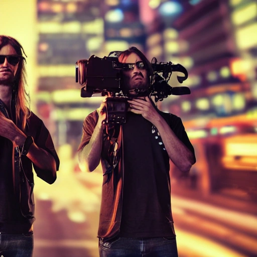 two twin brothers rockers filmmakers with long hair with video camera arri Alexa in hands, cyberpunk city, wired, multicolored, vibrant high contrast, hyperrealistic, photografic, 8k, epic ambient light, octane render, 3D