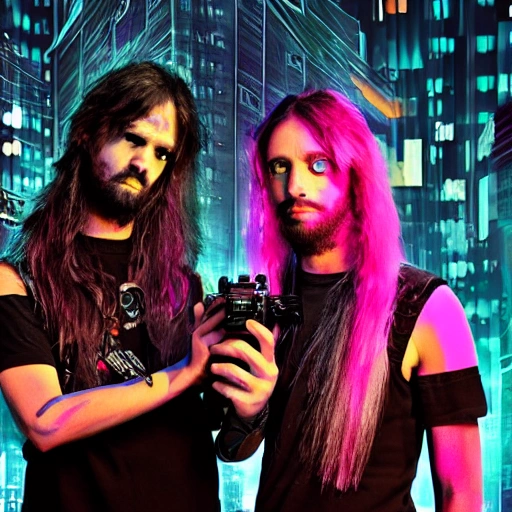 two twin brothers rockers filmmakers with long hair, with video camera arri Alexa in hands, cyberpunk city, wired, multicolored, vibrant high contrast, hyperrealistic, photografic, 8k, epic ambient light, octane render, 3D