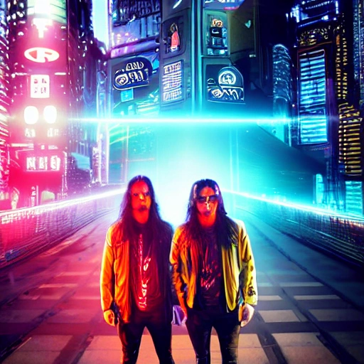 two twin brothers rockers filmmakers with long hair, with video camera arri Alexa in hands, cyberpunk city, wired, multicolored, vibrant high contrast, hyperrealistic, photografic, 8k, epic ambient light, octane render, 3D