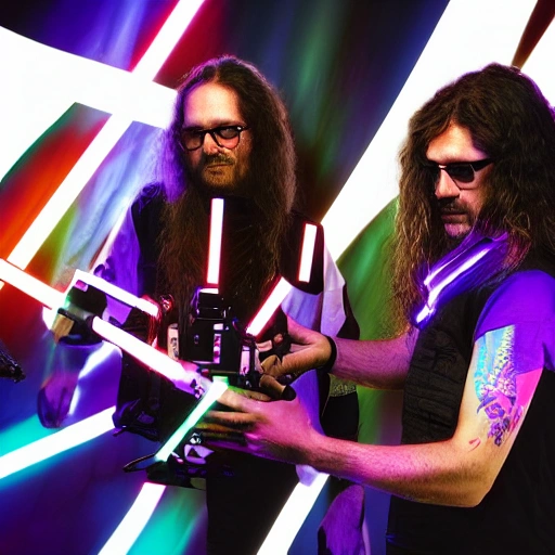 two twin brothers rockers filmmakers with long hair, with video camera arri Alexa in hands, multicolored, vibrant high contrast, hyperrealistic, photografic, 8k, epic ambient light, octane render, 3D