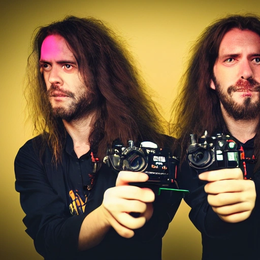 two twin brothers rockers filmmakers with long hair, with video camera arri Alexa in hands, multicolored, vibrant high contrast, hyperrealistic, photografic, 8k, epic ambient light, octane render, 3D