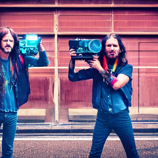 two twin brothers 80s rockers filmmakers with long hair with video camera Arri Alexa in their hands, multicolored, vibrant high contrast, hyperrealistic, photografic, 8k, epic ambient light, octane render, 3D