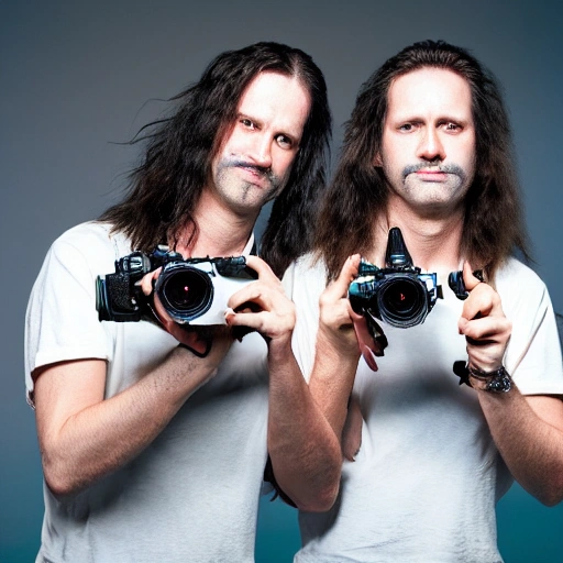 two twin brothers, 80s rockers with long hair, directors of photography with video camera Arri Alexa in their hands, detailed faces, multicolored, vibrant high contrast, hyperrealistic, photografic, 8k, epic ambient light, instil of 80s movie, octane render, 3D