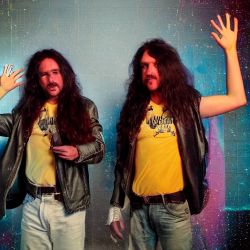 two twin brothers, 80s rockers with long hair, directors of photography with video camera Arri Alexa in their hands, detailed faces, highly detailed, multicolored, vibrant high contrast, hyperrealistic, photografic, 8k, epic ambient light, instil of 80s movie, epic cinematic, octane render, redshift style, 3D