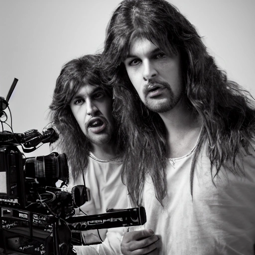 two twin brothers, 80s rockers with long hair, directors of photography with video camera Arri Alexa in their hands, detailed faces, highly detailed, multicolored, vibrant high contrast, hyperrealistic, photografic, 8k, epic ambient light, instil of 80s movie, epic cinematic, octane render, redshift style, 3D, in style of powerglove, in style of polygon1993