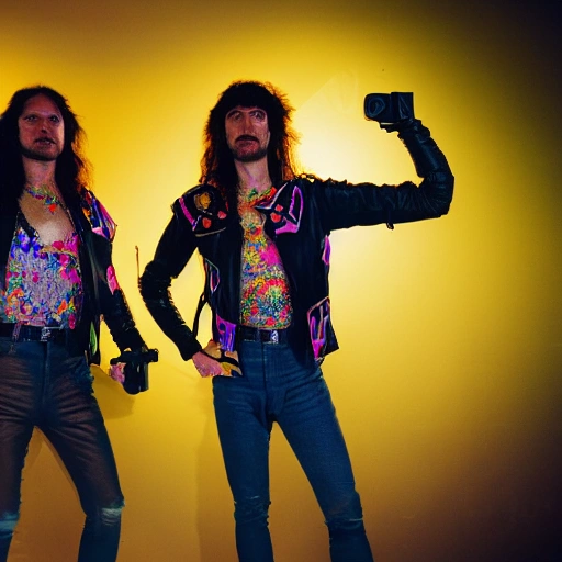 two twin brothers, 80s rockers with long hair, directors of photography with video camera Arri Alexa in their hands, in style of 80s movie, powerglove, polygon1993, detailed face, highly detailed, multicolored, vibrant high contrast, hyperrealistic, photografic, 8k, epic ambient light, epic cinematic, octane render, redshift style