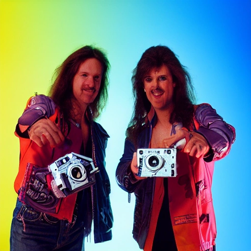 two twin brothers, 80s rockers with long hair, directors of photography with video camera Arri Alexa in their hands, in style of 80s movie, powerglove, polygon1993, detailed face, highly detailed, multicolored, vibrant high contrast, hyperrealistic, photografic, 8k, epic ambient light, epic cinematic, octane render, redshift style