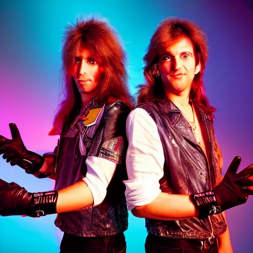 two twin brothers, 80s rockers with long hair, directors of photography with video camera Arri Alexa in their hands, in style of 80s movie, in style of powerglove, in style of polygon1993, detailed face, highly detailed, multicolored, vibrant high contrast, hyperrealistic, photografic, epic ambient light, epic cinematic