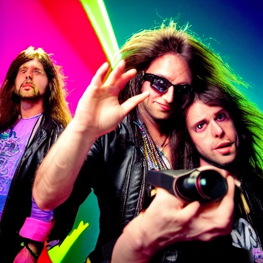 two twin brothers, 80s rockers with long hair, with video camera Arri Alexa in their hands, in style of 80s movie, in style of powerglove, in style of polygon1993, detailed face, highly detailed, multicolored, vibrant high contrast, hyperrealistic, photografic, epic ambient light, epic cinematic