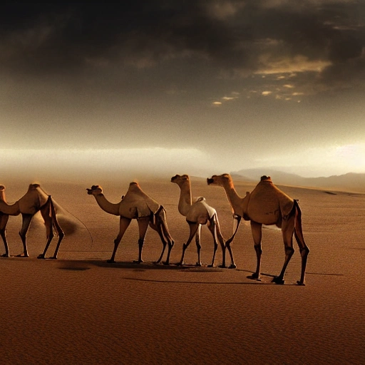 Desert camels at an oasis at dawn while raining, in summer. Matte Painting. Dawn. Raining. Summer.
