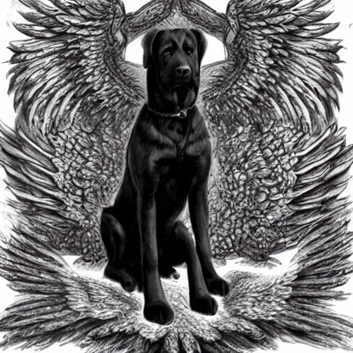 draw a big black dog with wings and horns 
