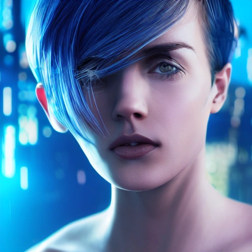 Young woman, side up portrait, cyberpunk, 8k, short hair, detailed, portrait, hyperrealistic, skinny, sexy, tight clothes, futuristic clothes, detailed face, photographic, blue eyes, ambient ligth, vibrant high contrast, standing in a futuristic city 