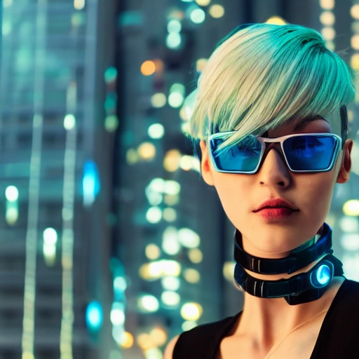 Young woman, side up portrait, cyberpunk, beauty, 8k, short hair, detailed, hyperrealistic, skinny, sexy, tight clothes, futuristic clothes, detailed face, blue eyes, spotligth, vibrant high contrast, standing in a futuristic city