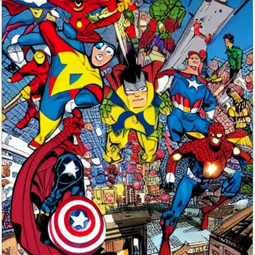 Quiero diseñar una imagen de los super heroes Marvel pegandose, Cartoon, Trippy