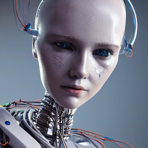 closeup portrait of a robot girl, a porcelain face and head, robotic parts, cyberpunk, cable electric wires, hyperrealistic, fantasy, octane render, intricate, concept art, 8k, professional studio lighting