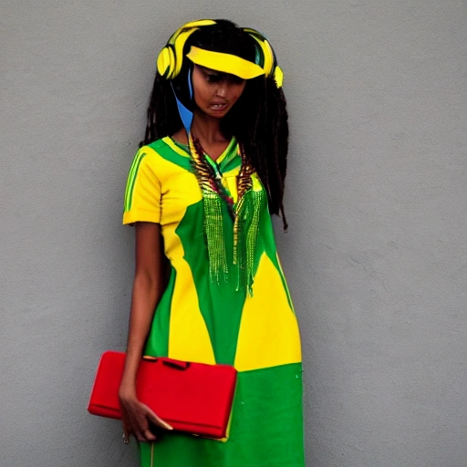 Ethiopian woman, green yellow and red dress, headphones, deejay, cap, rasta