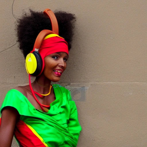 Ethiopian woman, green yellow and red dress, headphones, deejay, cap, rasta