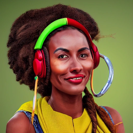 Ethiopian woman, green yellow and red dress, headphones, deejay, cap, rasta, hyper realistic