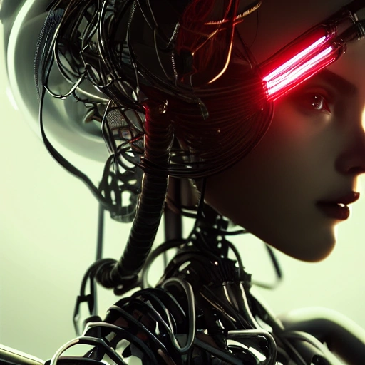 closeup portrait of a sexy robot girl, robotic parts, cyberpunk, cable electric wires, hyperrealistic, fantasy, octane render, intricate, concept art, 8k, professional studio lighting