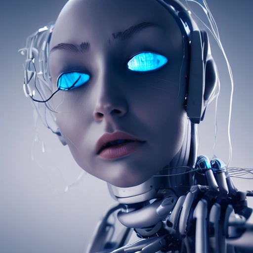 closeup portrait of a robot girl, a porcelain face and head, robotic parts, cyberpunk, cable electric wires, hyperrealistic, fantasy, octane render, intricate, concept art, 8k, professional studio lighting