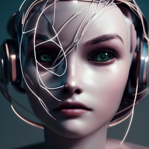 closeup portrait of a beautiful robot girl, a porcelain face and head, robotic parts, cyberpunk, cable electric wires, hyperrealistic, fantasy, octane render, intricate, concept art, 8k, professional studio lighting