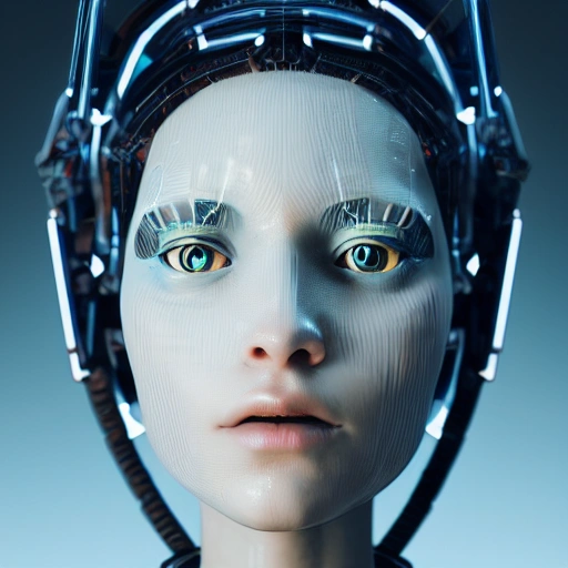 closeup portrait of a beautiful robot girl, a porcelain face and head, robotic parts, cyberpunk, cable electric wires, hyperrealistic, fantasy, octane render, intricate, concept art, 8k, professional studio lighting