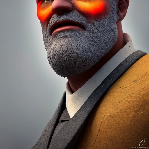 side close up portrait of Obadiah Stane, steampunk, detailed face, spotlight, steampunk city, multicolored, hyperrealistic, photografic, 8k, epic ambient light, octane render