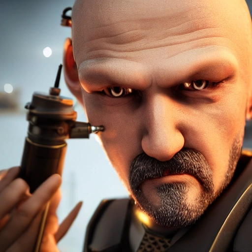 side close up portrait of Obadiah Stane, steampunk, detailed face, spotlight, steampunk city, multicolored, hyperrealistic, photografic, 8k, epic ambient light, octane render