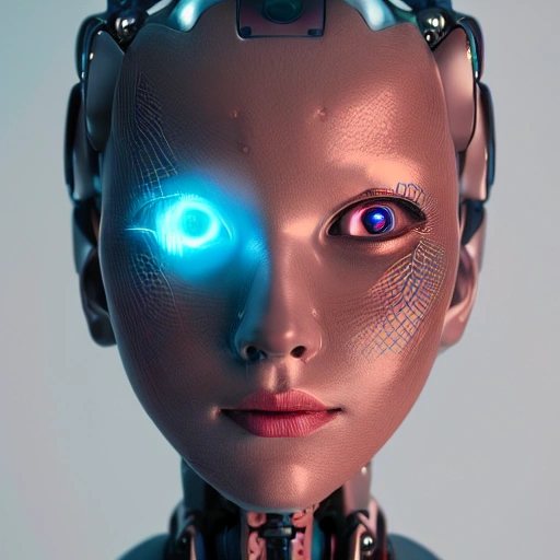 closeup portrait of a beautiful robot girl, a plastic  head, robotic parts, cyberpunk, cable electric wires, hyperrealistic, fantasy, octane render, intricate, concept art, 8k, professional studio lighting