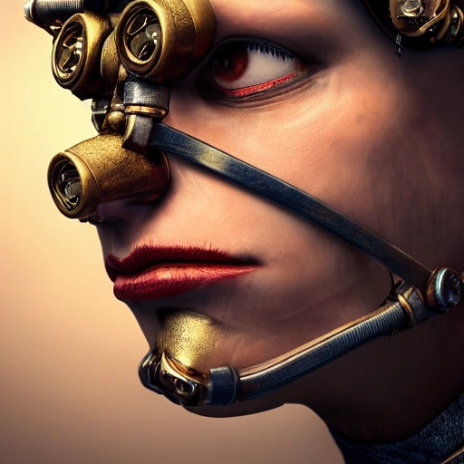 side close up portrait of whiplash, steampunk, detailed face, spotlight, steampunk city, multicolored, hyperrealistic, photografic, 8k, epic ambient light, octane render