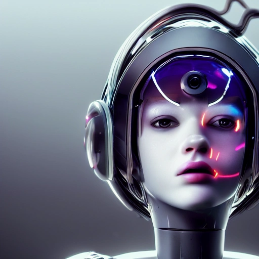 closeup portrait of a beautiful robot girl, a plastic  head, robotic parts, cyberpunk, cable electric wires, hyperrealistic, fantasy, octane render, intricate, concept art, 8k, professional studio lighting