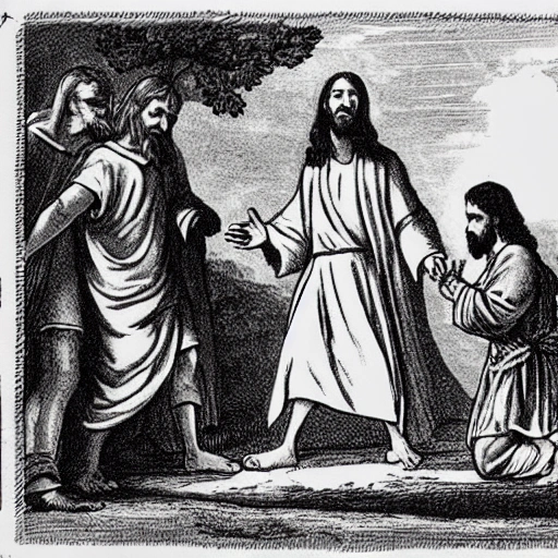 Jesus walking and talking with a teenager, on a road, happy, full body, in Cross Hatching style