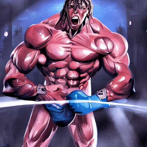 A towering humanoid fighter, muscles bulging and sweat pouring down his face, raises his fists in a fierce and determined stance