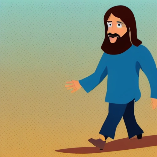 Jesus walking and talking with a men, happy, background white, 3D, Cartoon