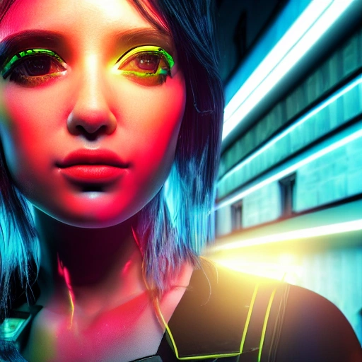 side close up portrait of 1  girl, detailed face, spotlight, cyberpunk city, wired, multicolored, vibrant high contrast, hyperrealistic, photografic, 8k, epic ambient light, octane render