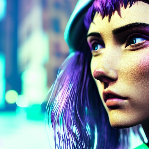 side close up portrait of 1  girl, detailed face, spotlight, cyberpunk city, wired, multicolored, vibrant high contrast, hyperrealistic, photografic, 8k, epic ambient light, octane render