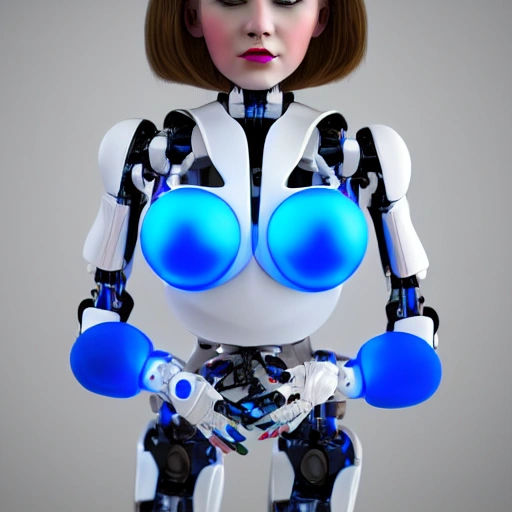 beautiful female robot toy, 8k, studio lighting, hyperrealistic, glowing blue eyes