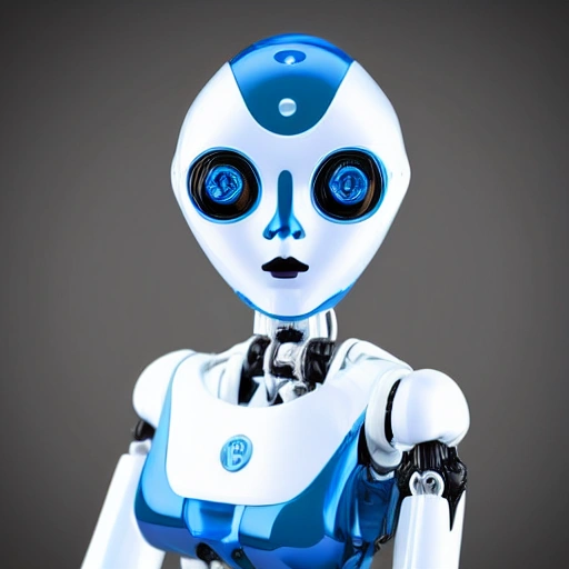 female robot toy, intricate, 8k, studio lighting, hyperrealistic, glowing blue eyes