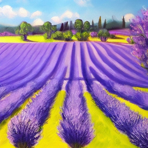 A spring meadow with apple trees in Provence and lavender blue fields , Oil Painting