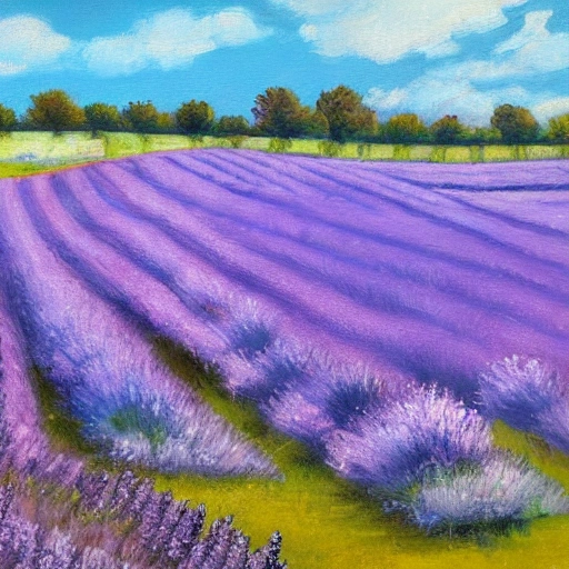 A spring meadow with apple trees in Provence and lavender blue fields , Oil Painting