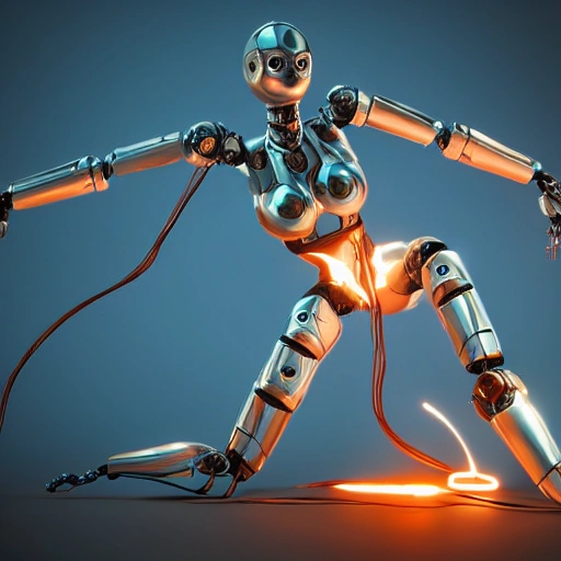 sexy female robot, drossel fireball, polynian, professional studio lighting, plastic face and head, concept art, octane render, fantasy, blue eyes, robot parts, electric wires, intricate, detailed, 8k