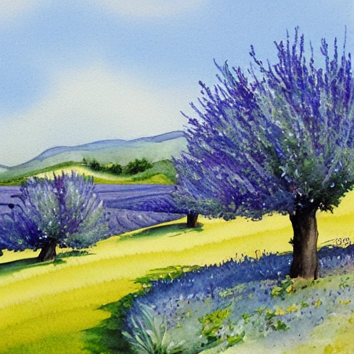 A spring meadow with apple trees in Provence and Olive Trees and lavender blue fields, Water Color