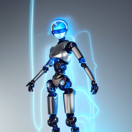 sexy female robot, drossel fireball, polynian, femisapien, professional studio lighting, plastic face and head, concept art, octane render, fantasy, blue eyes, robot parts, electric wires, intricate, detailed, 8k