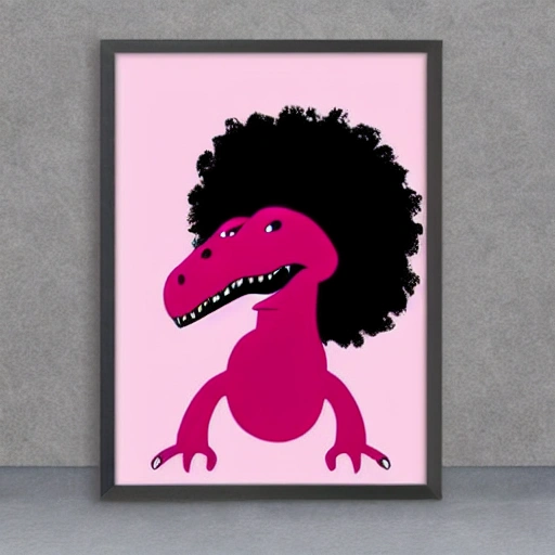 pink t-rex with Afro-American' hair black style, Cartoon