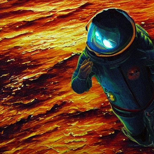 man in a spacesuit, walking in the deep abyss of the ocean, Oil Painting, cinematic composition