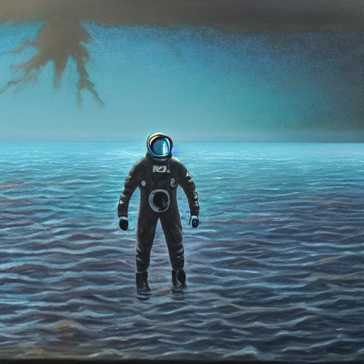 man in a spacesuit, walking in the deep abyss of the ocean, Oil Painting, cinematic composition