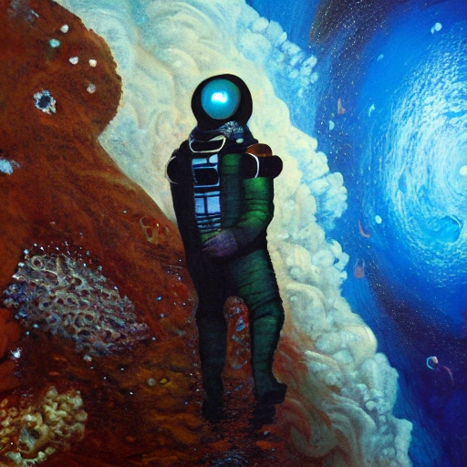 man in a spacesuit, walking in the deep abyss of the ocean, Oil Painting, cinematic composition